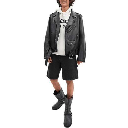 COACH SS24 Solid Color Lapel Zipper Long Sleeve Leather Jacket Men's Black Black S