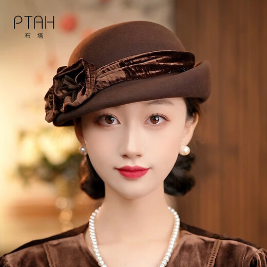 PTAH autumn and winter woolen hat small top hat British retro ins style woolen beret stereotyped hat temperament retro hat coffee color