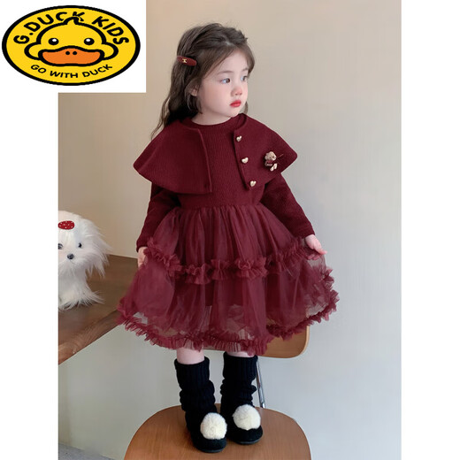 G.duck girls' velvet dress, autumn and winter fashionable red sweater skirt gauze skirt winter wear children's bear shawl princess dress red 90 cm