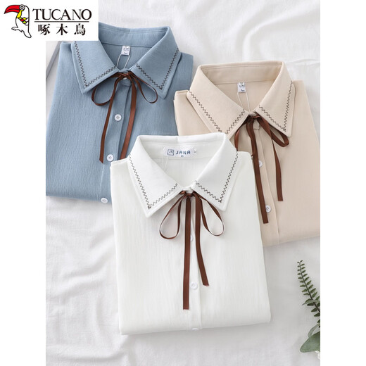 Woodpecker autumn and winter new style plus velvet, thickened and warm, commuting basic shirt for women to wear inside, niche long-sleeved top, trendy, white + brown laces, regular version, S collection, priority delivery