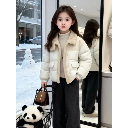 HAL.DUCK Down Jacket Girls' Jacket Autumn and Winter 2026 New Children's Western Style Fur One-piece Warm Jacket Casual Korean Style Cotton Jacket Black 130 cm