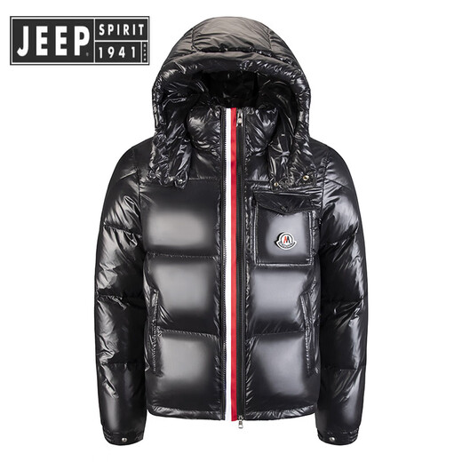 JEEP SPIRIT吉普黑色短款亮面彩虹条羽绒服男冬季感户外防寒加厚连帽羽绒外套 黑色 XL