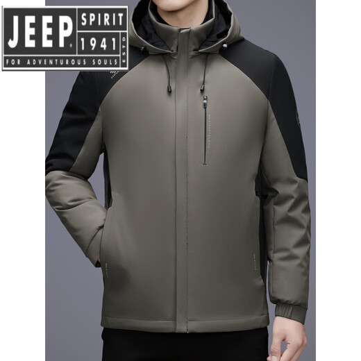 JEEP SPIRIT Lightweight Hooded Down Jacket Men's 2025 Winter Cold Warm Business Casual Color Block Winter Jacket Khaki 2XL 185