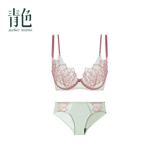 Atelier intimo 菏菏 cyan mother-in-law double cup eyelash lace sexy big breasts appear smaller and rounder anti-sagging underwear bra lotus green-low waist panty set 3/4 cup 75D