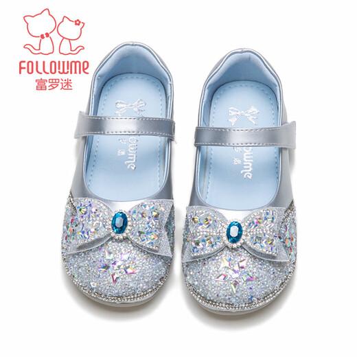 Fuluo Mi Girls Leather Shoes Spring Sweet and Fashionable Rhinestone Princess Shoes Little Girls Soft Sole Performance Shoes Silver 28