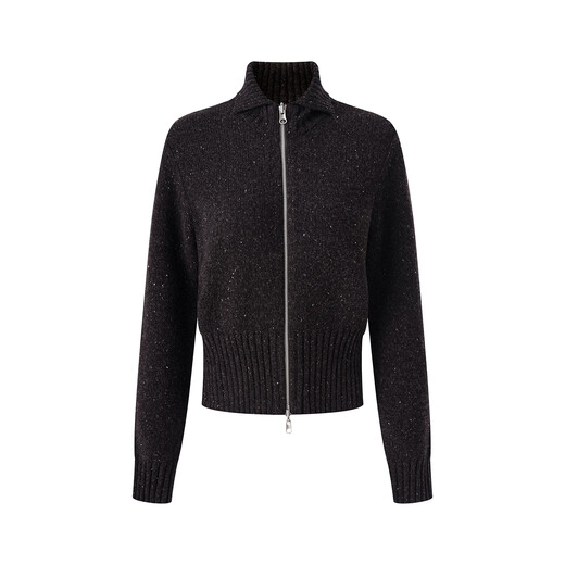 Pure wool three-dimensional densely woven colorful dot yarn lapel double zipper sweater jacket minimalist women's autumn and winter style dark gray S