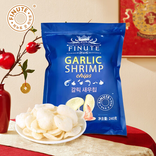 FINUTE Qu Laifu Chips de crevettes 240g Saveur d'ail Coréen original importé croustilles craquelins de crevettes nourriture soufflée collations du Nouvel An