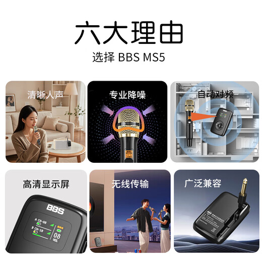 BBSMS5 Wireless Microphone Home KTV Singing Stage Hosting Speech K Song Conference Speaker Audio One for Two Microphones MS5 Golden Black BBS L65 Playing and Singing Audio Gilded White Package