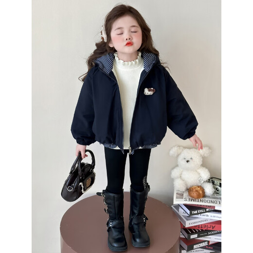 Disney Down Jacket Girls' Velvet Jacket Winter New Style Baby Warm Cotton Clothes Street Winter Clothes Children's Thickened Cotton Cotton Cotton Style Navy Blue Jacket Velvet Thickened 90 cm