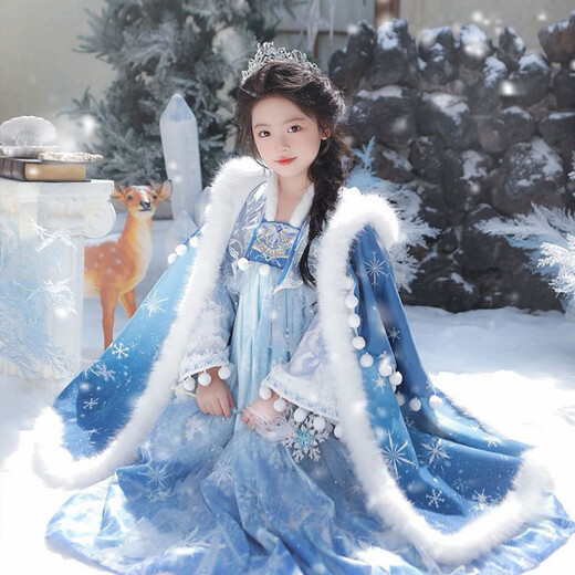 G.duck Hanfu Girls Elsa Princess Dress Autumn and Winter Plus Velvet Elsa Thickened Cloak Children's New Year's Eve Dress Tang Suit Ice and Snow Suit Cloak + Skirt Plus Velvet to Get a Crown 110 Recommended for 3-4 years old 103-112m