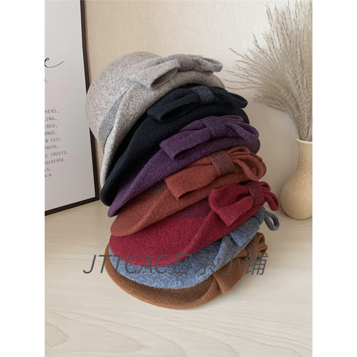JTTCAC Japanese Wool Hat Women's Autumn and Winter Elegant Curly Bow Celebrity Hat Mom British Retro Woolen Basin Hat Mocha Color Adjustable