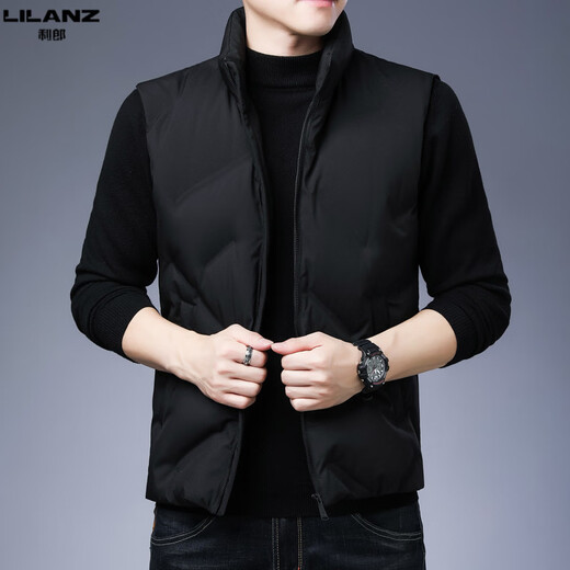 LiLang Shopping Mall Same Style Men's Lightweight Down Vest Autumn and Winter Warm Stand Collar Jacket Men's Vest Vest Sleeveless Down Black 099 M 170