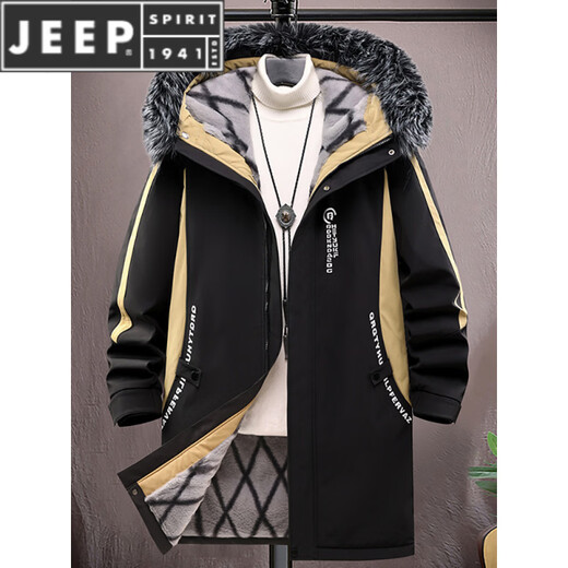 JEEP SPIRIT парка средней длины с меховым воротником для мужчин осенне-зимняя бархатная утолщенная куртка с капюшоном хлопковая зимняя ветровка 6687 черный съемный меховой воротник 4XL