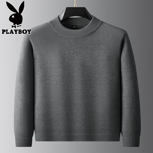Playboy high-end plus fat enlarged round neck woolen sweater for men in autumn and winter fat man warm long-sleeved knitted sweater bottoming shirt dark gray 5XL (recommended 210-230Jin Jin equals 0.5 kg)