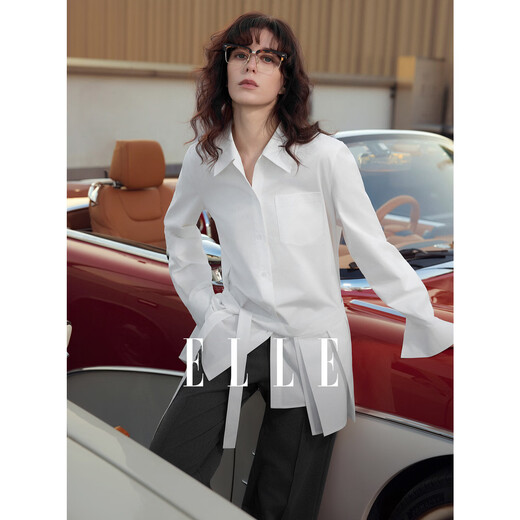 ELLE brushed cotton design pleated shirt women's 2026 spring new loose casual shirt two-piece set light blue M