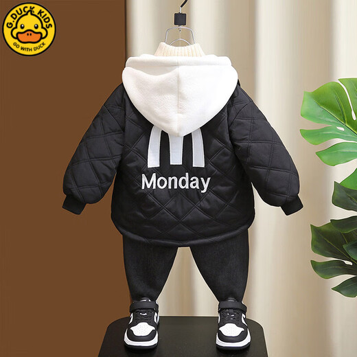 G.duck little yellow duck boys' velvet cotton coat winter 2025 new children's winter style thickened warm fashionable handsome hooded stick black 90 cm