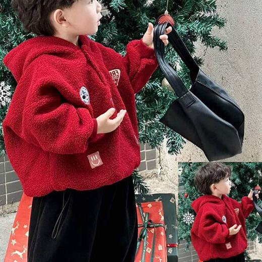 HAL.DUCK boys' sweatshirt winter 2026 new Christmas red children's festive Korean version versatile warm wool sweater New Year's greetings red wool sweater height +10 shots plus velvet 130 cm height +10 shots