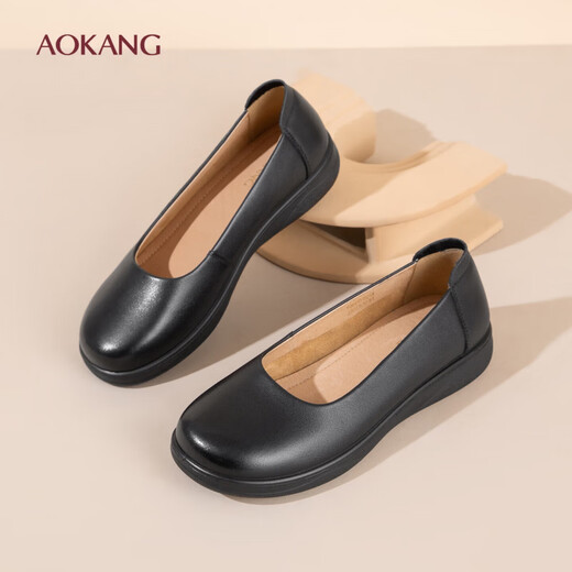 Aokang Women's Shoes Spring and Autumn New Style Comfortable Flat Shoes Soft Sole Anti-Slip Mom Shoes Shallow Mouth Single Shoes Genuine Leather Commuting Work Shoes N Black 36