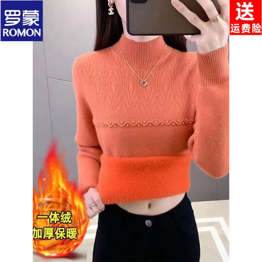 ROMON brand women's all-in-one velvet thickened bottoming sweater for women 26 autumn and winter new half turtleneck women's warm top black high quality quality assurance S recommended weight 90Jin Jin equals 0.5kg -105Jin Jin equals 0.5kg