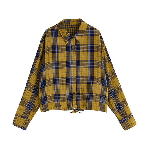 Chuyu Return to Countryside Pure Cotton Shirt Women's 2026 Spring New Loose Retro Plaid Waist Shirt Top Yellow Blue Check S