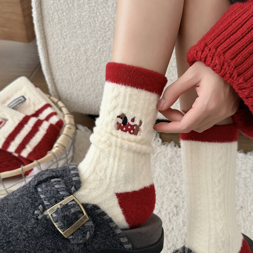 Shijanu winter thickened Australian velvet puppy socks for women mid-calf big red plush stockings 172 Australian velvet 5 pairs one size