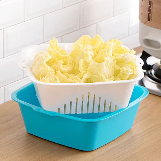 Camellia vegetable washing basket, drain basket, strainer, double-layer dual-purpose fruit and vegetable drain strainer, strainer basket, fruit plate, large and medium sizes available, blue, large size 1160