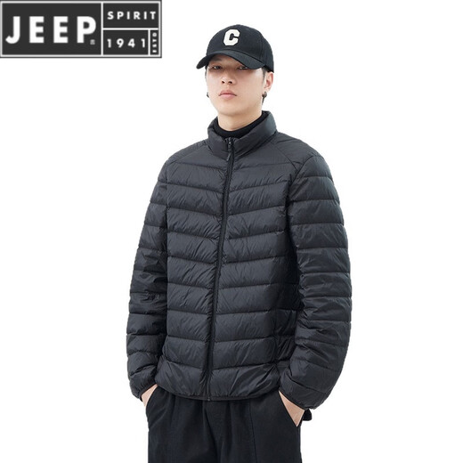 JEEP SPIRIT短款轻薄便携羽绒服男士2025冬季新款鸭绒立领保暖排骨内胆外套潮 黑色 M 适合90-110斤