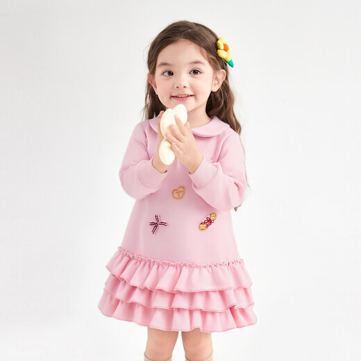 DEESHA Official Children's Clothing Girls Skirt Spring and Autumn New Style Girls Baby Toddlers Sweet Baby Doll Collar Long Sleeve Dress Soft Pink 110