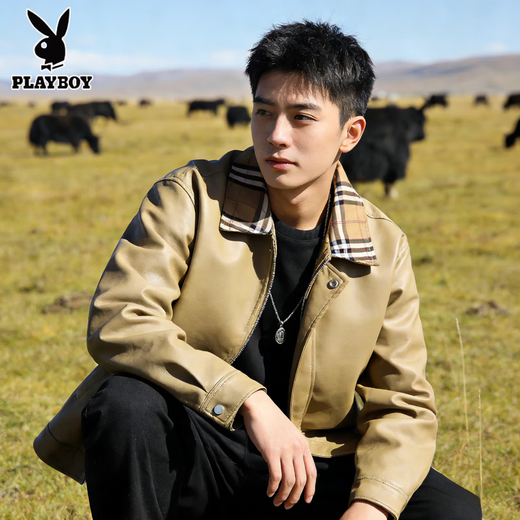 花花公子（PLAYBOY）翻领皮衣夹克外套男士春秋青年潮牌港风休闲皮衣格子撞色痞帅上衣 黑色 XL
