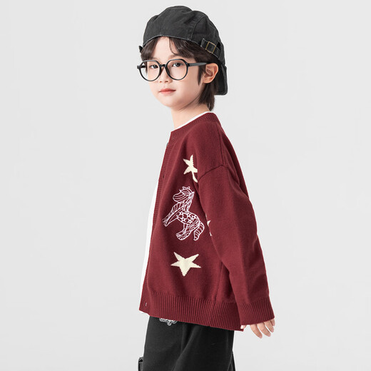 Duojia new clothes for the Year of the Horse, boys' sweaters, spring and autumn cartoon embroidery style jackets, children's inner warm sweaters, true red 110
