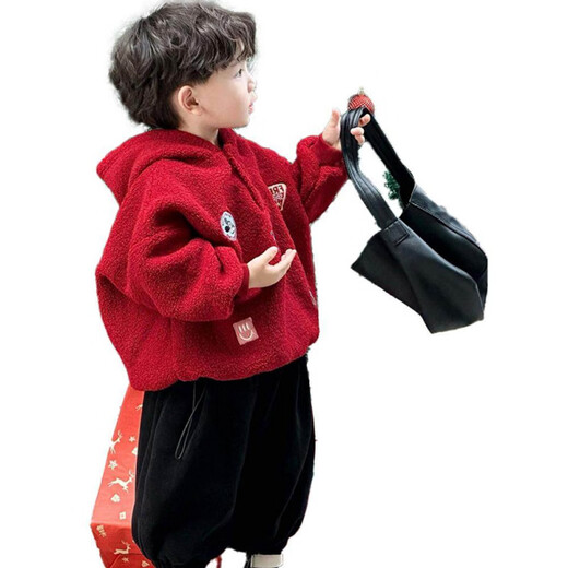 HAL.DUCK boys' sweatshirt winter 2026 new Christmas red children's festive Korean version versatile warm wool sweater New Year's greetings red wool sweater height +10 shots plus velvet 130 cm height +10 shots