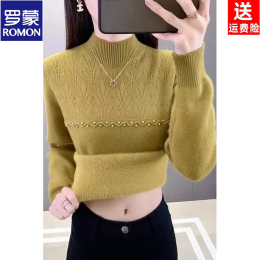 ROMON brand women's all-in-one velvet thickened bottoming sweater for women 26 autumn and winter new half turtleneck women's warm top black high quality quality assurance S recommended weight 90Jin Jin equals 0.5kg -105Jin Jin equals 0.5kg