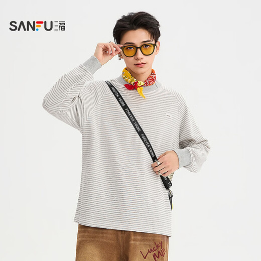 SANFU 2026 spring men's frayed horizontal striped long T-shirt loose fake two-piece round neck top 520419 black M