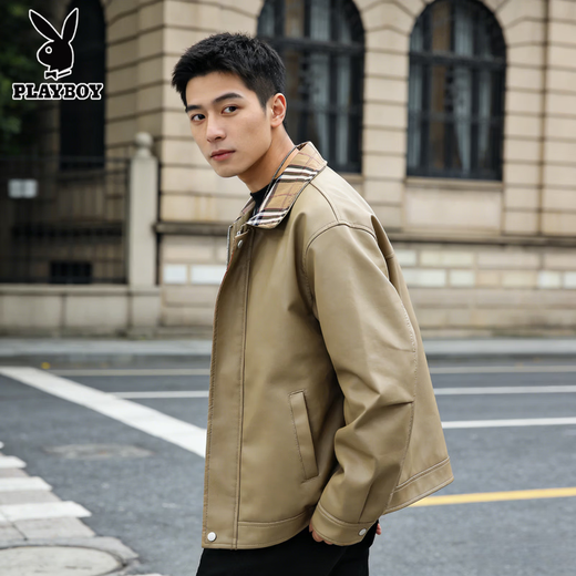 花花公子（PLAYBOY）翻领皮衣夹克外套男士春秋青年潮牌港风休闲皮衣格子撞色痞帅上衣 黑色 XL