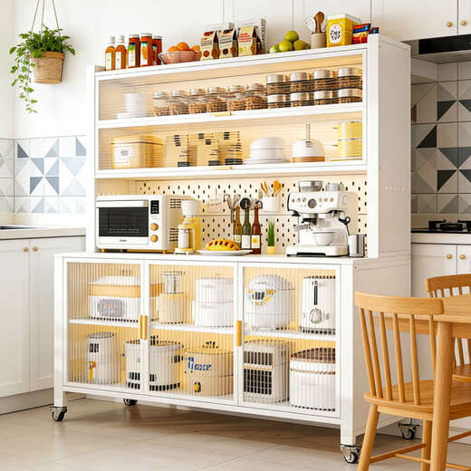 Fantasy Kitchen Shelf Dining Side Storage Cabinet Floor-standing Microwave Storage Cabinet Cupboard Wall-Based Integrated Cabinet Luxurious Premium Gray Five-Layer 80cm Widened Countertop Comes with Pulleys