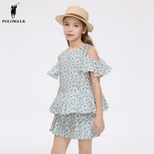 POLOWALK 100% cotton children's clothing girls short-sleeved shirt 2026 summer new printed off-shoulder top green 120