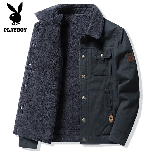 Playboy (PLAYBOY) American Jacket Men's Autumn and Winter New Lamb Velvet Work Jacket Plus Velvet Thickened Casual Lapel Cotton Jacket Khaki XL Recommended Weight 130-145Jin Jin is equal to 0.5 kg