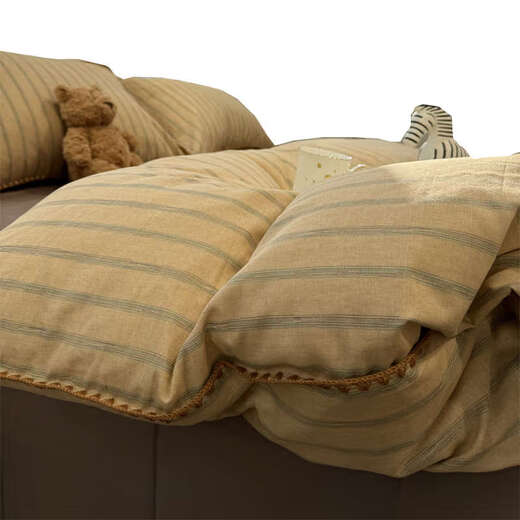 Yusenyi double-layer yarn elegant brown striped four-piece set 15m18m soft loose YAG double-layer yarn British gentleman bed sheet set bed sheet style 2.0m bed four-piece set/applicable 220x240cm
