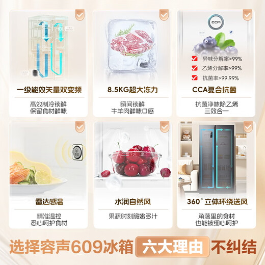 Rongsheng 609 liter double-door door-to-door refrigerator household first-class energy efficiency air-cooled frost-free frequency conversion energy-saving ultra-thin large capacity BCD-609WD11HP national subsidy BCD-609WD11HP
