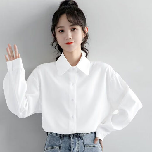 Ainolun white shirt for girls spring new college long-sleeved white shirt for women spring and autumn simple and versatile Korean style student casual white mall version exquisite fabric 160 S