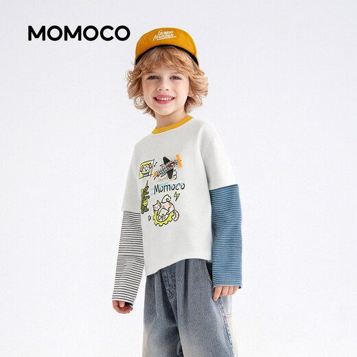 Mami Maka (MOMOCO) children's clothing boys' long-sleeved T-shirt 2026 spring style medium and large children's trendy fashion T-shirt white 90