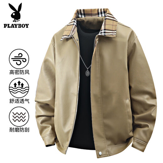 花花公子（PLAYBOY）翻领皮衣夹克外套男士春秋青年潮牌港风休闲皮衣格子撞色痞帅上衣 黑色 XL