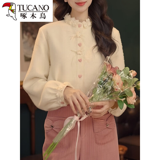Woodpecker Fashionable and Sweet Korean Single-breasted Shirt Women's 2025 Winter New Niche Western Fashion Versatile Commuting Top Beige M (Recommended Jin Jin equal to 0.5 kg or less)