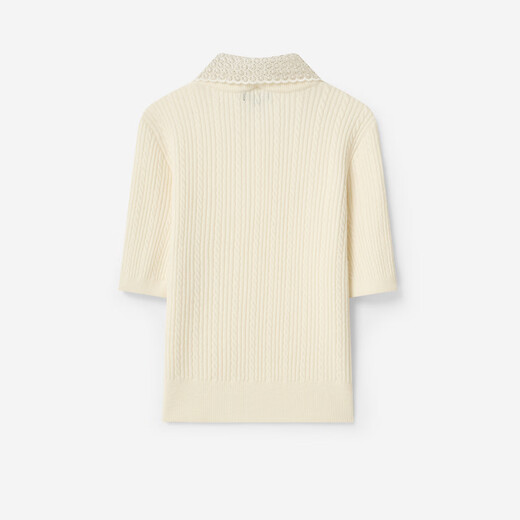 Scofield wool-containing women's retro cable short-sleeved knitted beaded lapel 2026 spring new arrival ivory white S 160