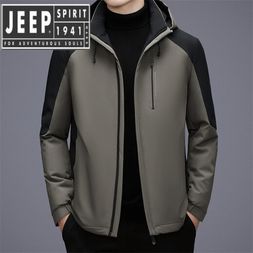 JEEP SPIRIT Lightweight Hooded Down Jacket Men's 2025 Winter Cold Warm Business Casual Color Block Winter Jacket Khaki 2XL 185