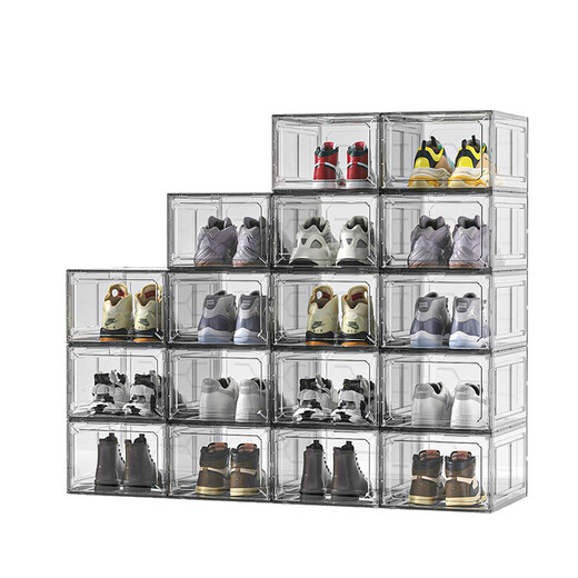 Thickened shoe box storage box magnetic hard plastic flip-top anti-oxidation and dust-proof transparent shoe box shoe rack sneaker cabinet, transparent white 20 pieces, independent back door, front opening double magnetic suction, can be installed under size 47, 34x27x18.5cm