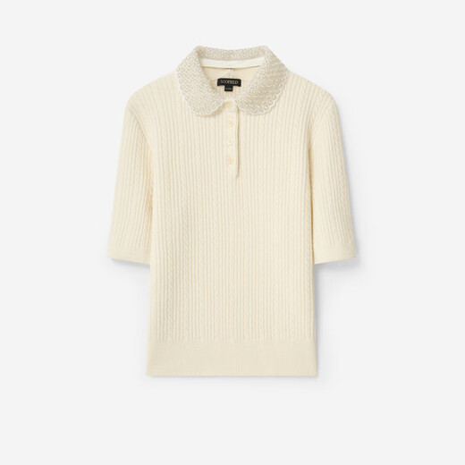 Scofield wool-containing women's retro cable short-sleeved knitted beaded lapel 2026 spring new arrival ivory white S 160
