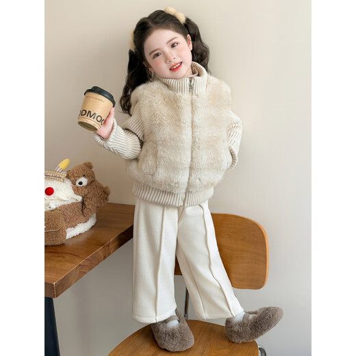 Disney girls' fur and velvet suit winter new style children's huge and good-looking winter clothes for babies, fashionable two-piece set for the New Year, cotton style pleated wide-leg pants 90 cm