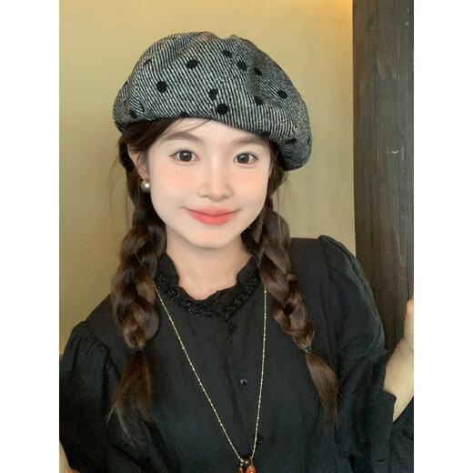 Xiaohongshu polka-dot beret hat for women in winter with big head circumference and face, small versatile newsboy hat, light brown M, suitable for head circumference 54c-58cm