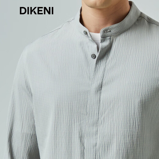 DIKENI spring new men's fashionable and easy-care Henry collar natural texture slightly wrinkled long-sleeved casual shirt light gray M (48)